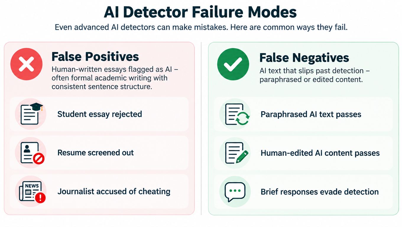 An infographic titled AI Detector Failure Modes, comparing false positives and false negatives with examples.