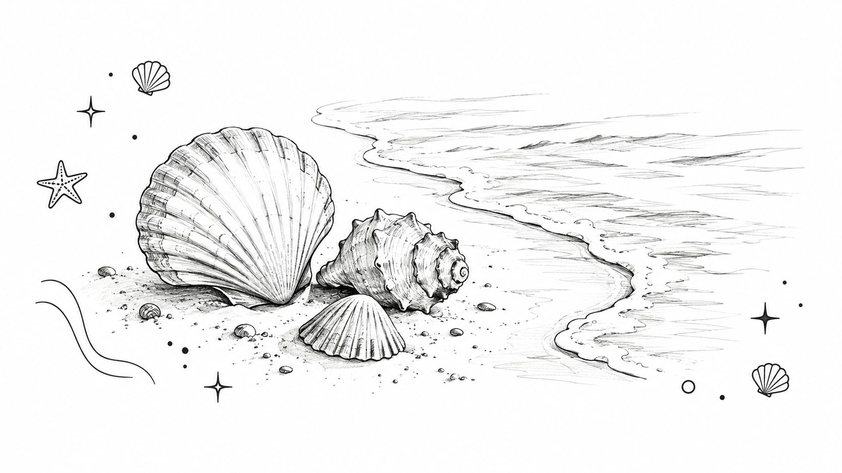 A black and white line art illustration of seashell species resting on a sandy beach shore.
