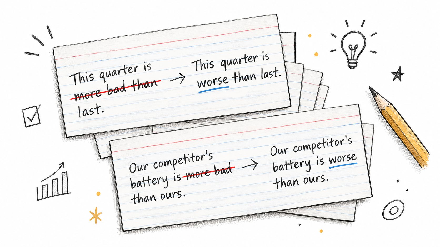 A grammar lesson illustrated with index cards showing corrections of more bad to worse.