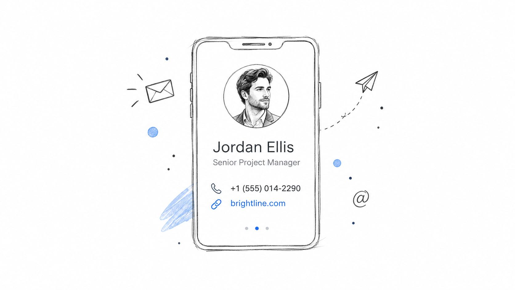 A digital business card design on a smartphone screen displaying Jordan Ellis as a Senior Project Manager.