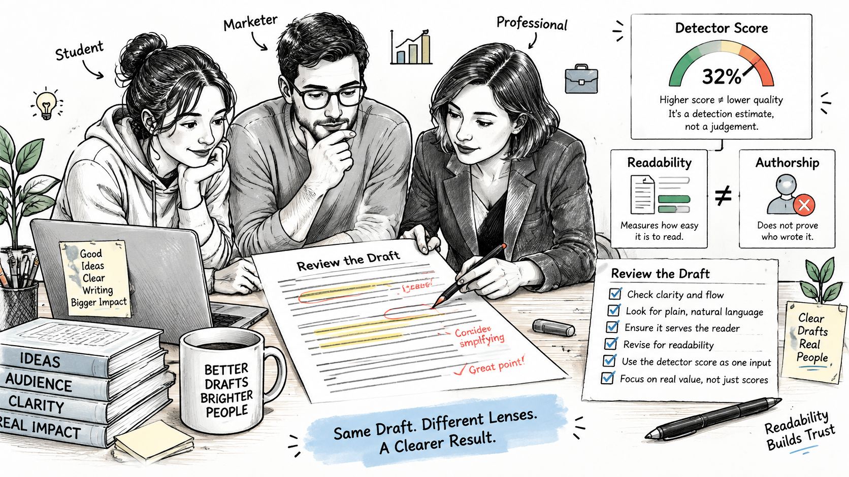 A student, a marketer, and a professional reviewing a document draft to improve clarity and readability together.