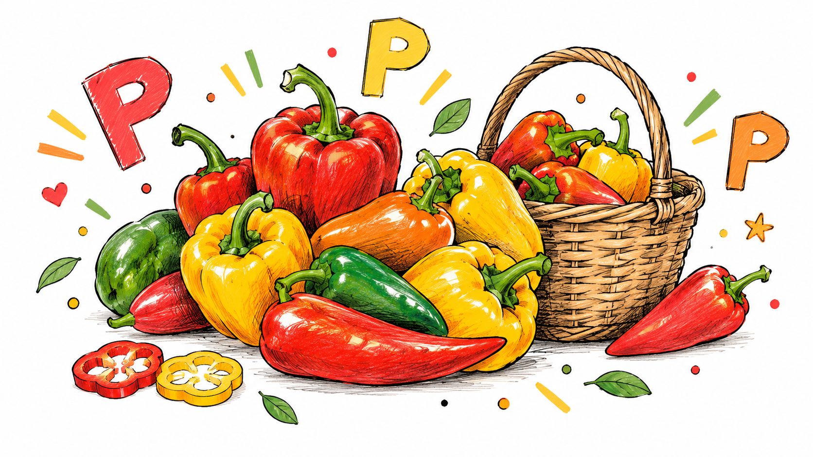 A colorful illustration of various fresh bell peppers arranged in a pile beside a woven wicker basket.