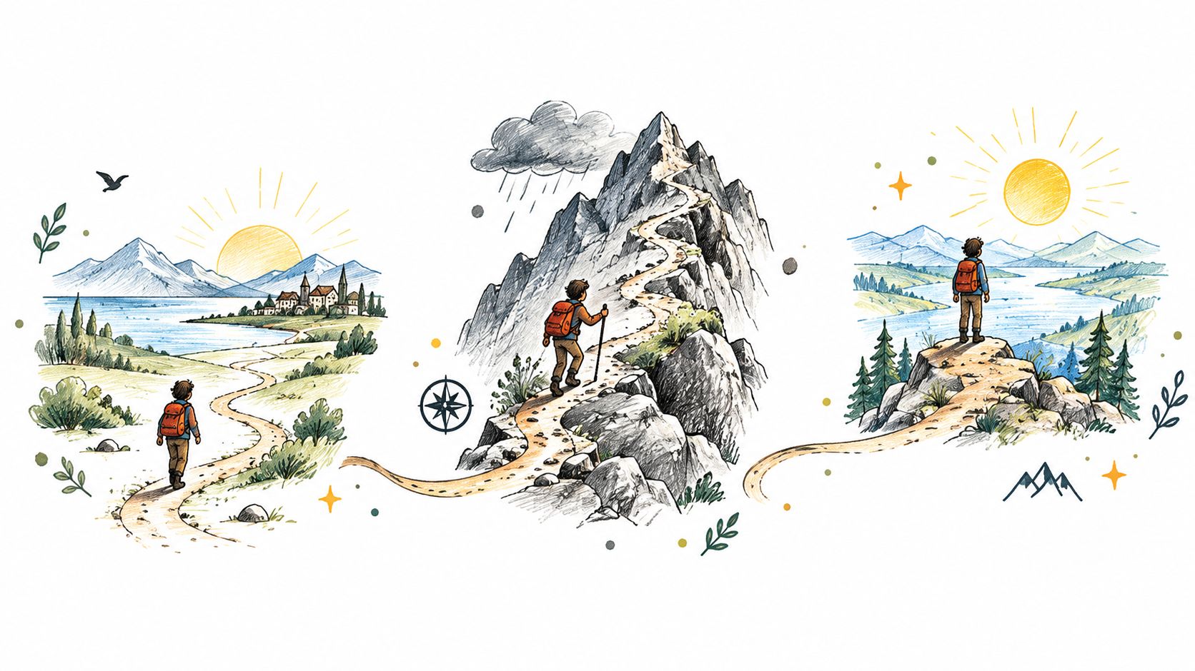 A hand-drawn illustration showing three stages of a hiking journey through mountains, nature, and scenic landscapes.