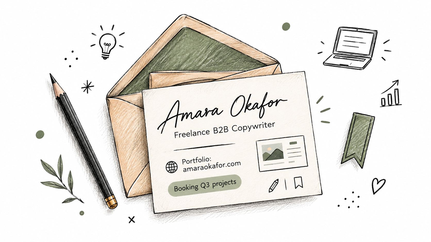 A hand-drawn illustration showing a business card for Amara Okafor, a freelance B2B copywriter.
