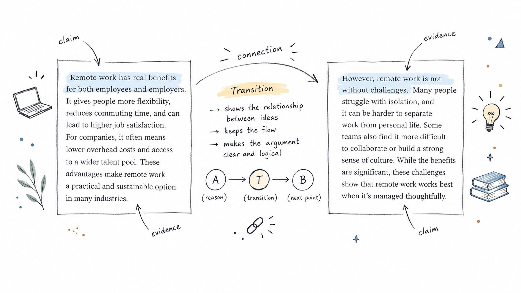 An educational infographic explaining the structure of essay paragraphs, including claims, evidence, and effective transitions between ideas.