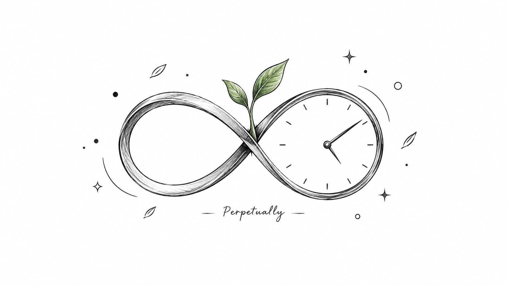 A hand-drawn infinity symbol integrated with a clock face and a sprouting green plant on white background.