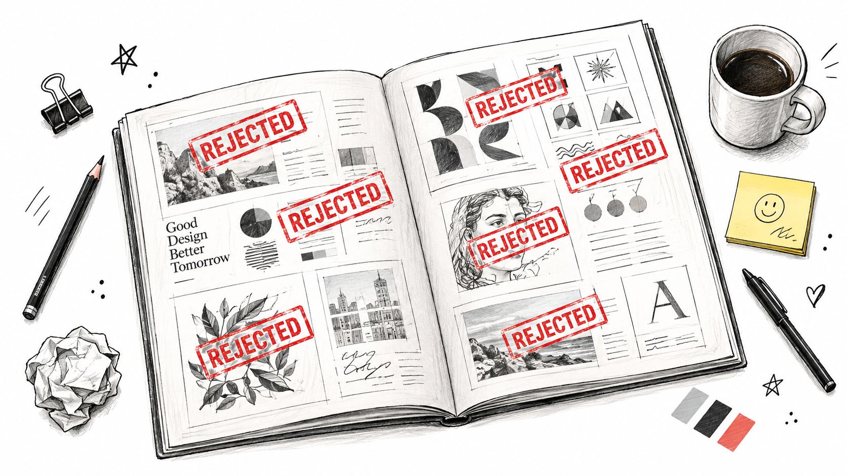 An open sketchbook with multiple rejected design sketches, stamps, coffee, and stationery on a desk.