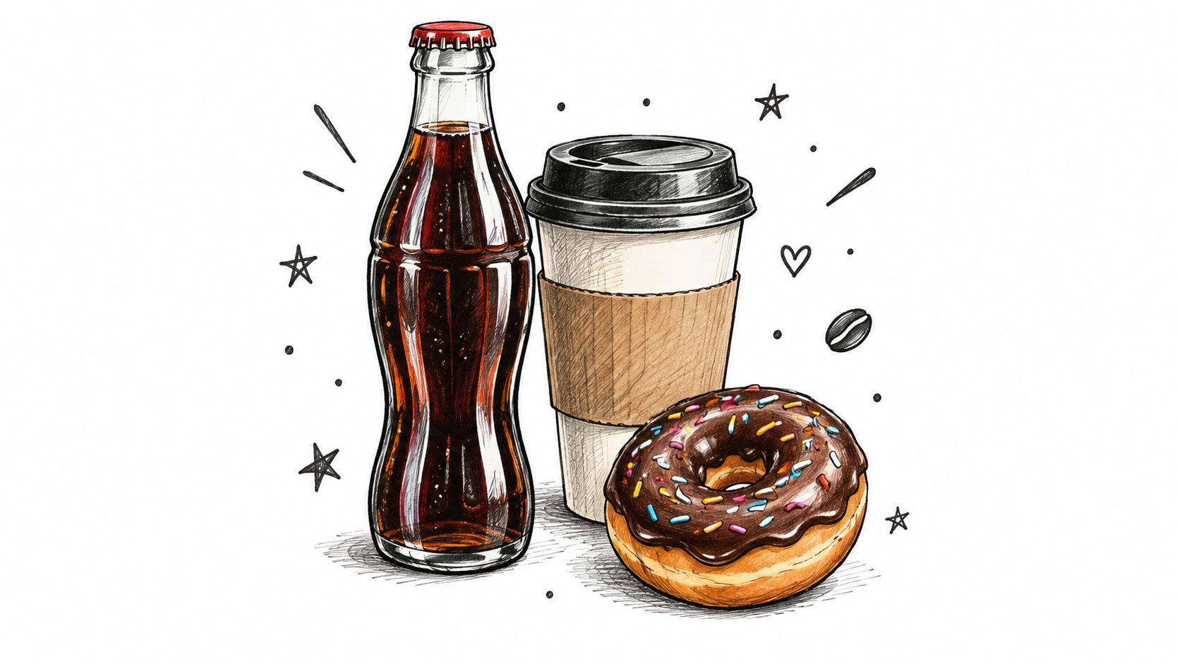 A hand-drawn illustration featuring a glass soda bottle, a disposable coffee cup, and a chocolate donut.