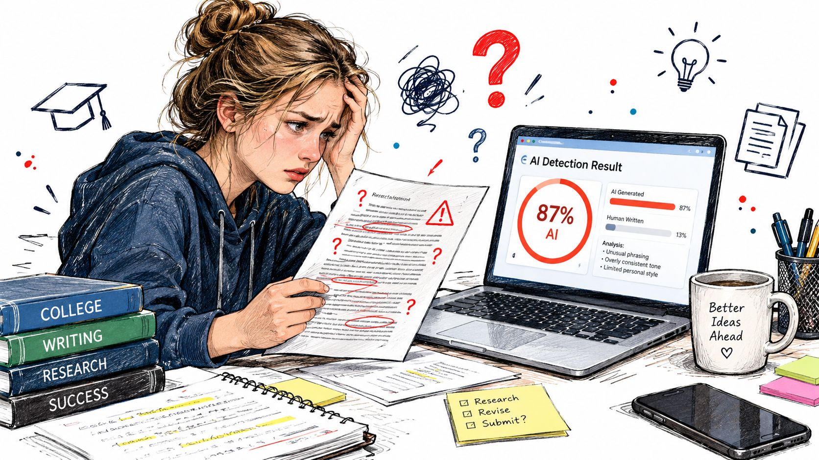 A stressed student looking at a paper marked as AI generated on a laptop screen.