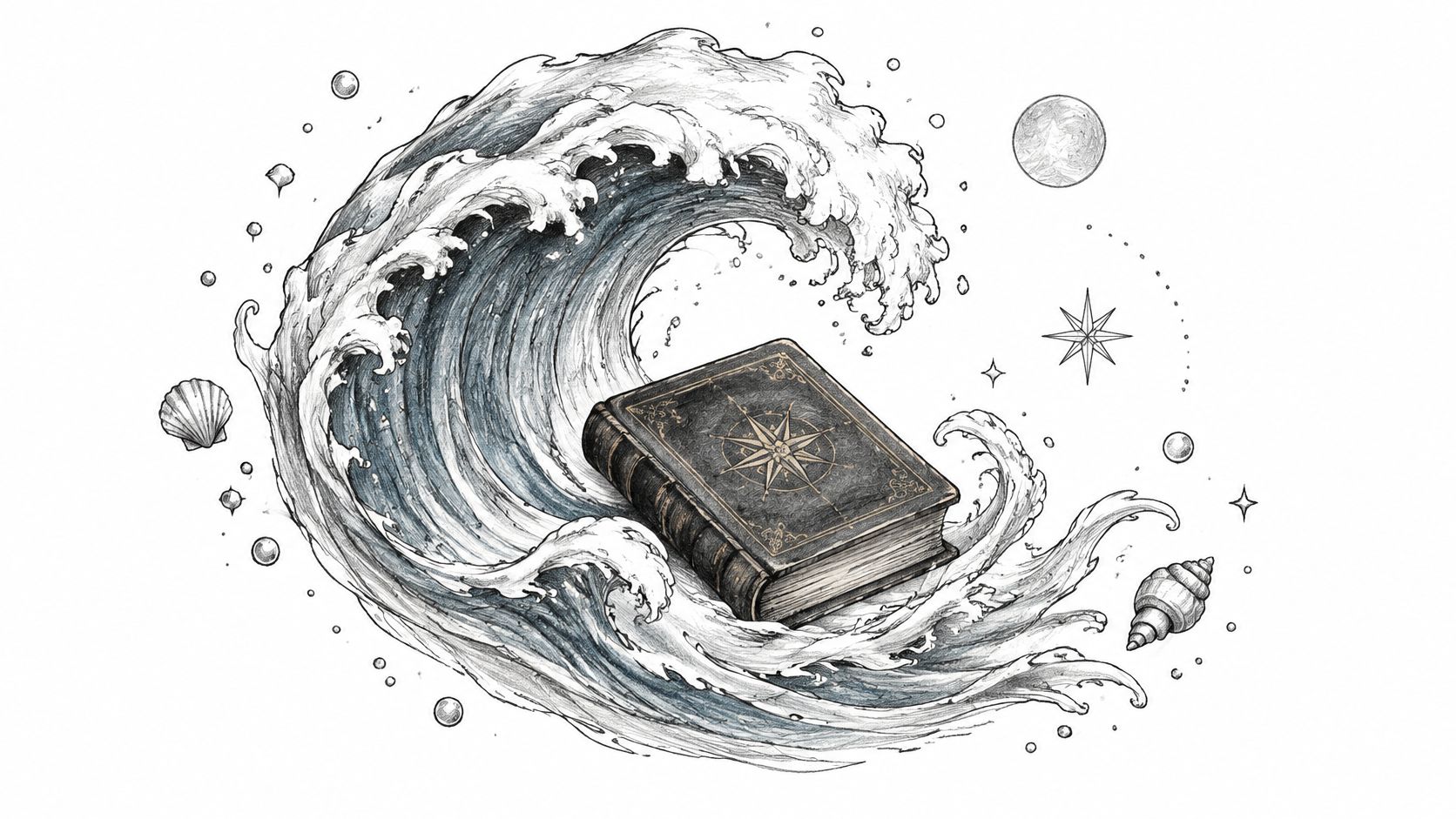 An intricate sketch of a vintage book featuring a compass design resting inside a curling ocean wave.