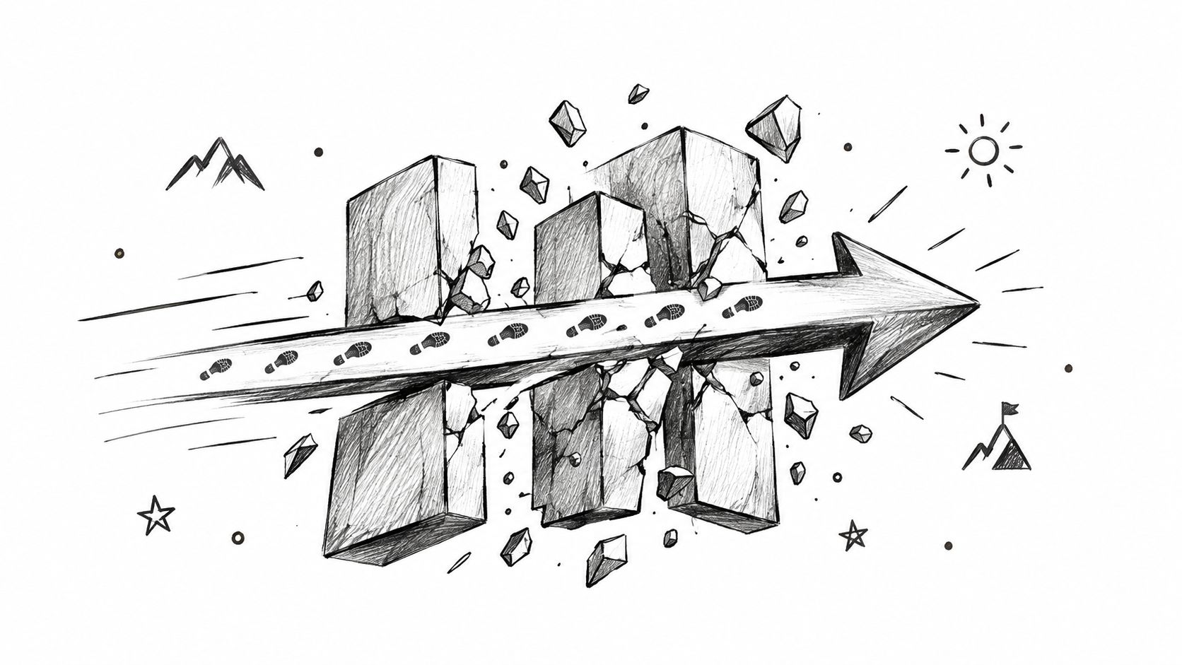 A pencil sketch of an arrow breaking through concrete walls with footprints leading towards success.