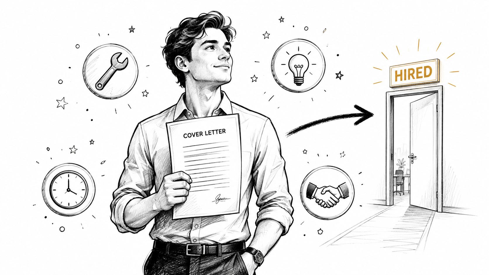 A professional man holding a cover letter as he looks toward a door labeled hired.