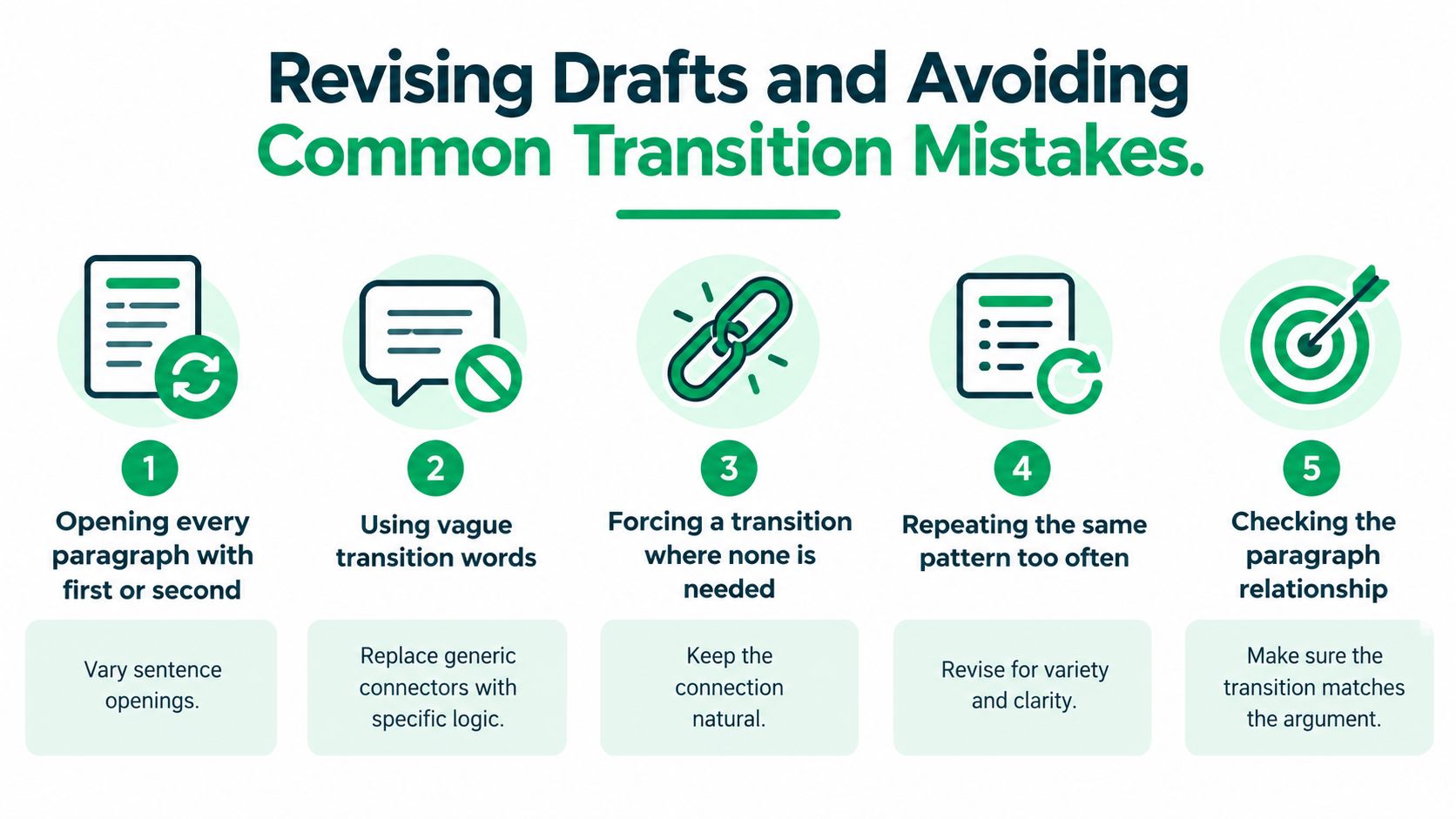 An infographic titled Revising Drafts and Avoiding Common Transition Mistakes, outlining five steps to improve paragraph transitions.