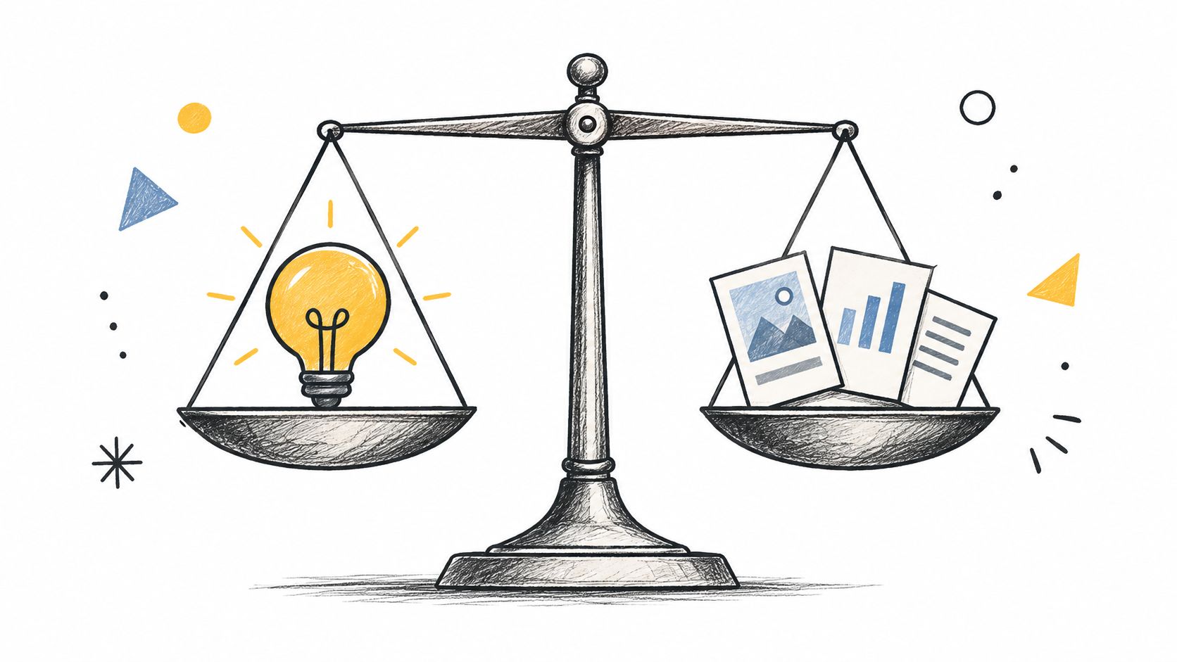 A hand-drawn illustration showing a balanced scale with a lightbulb on one side and business documents on the other.