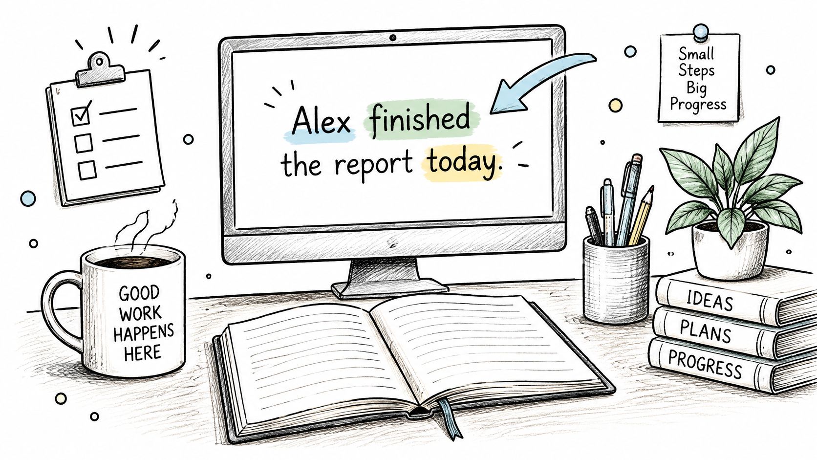A sketched desk workspace with a computer monitor displaying the text Alex finished the report today.