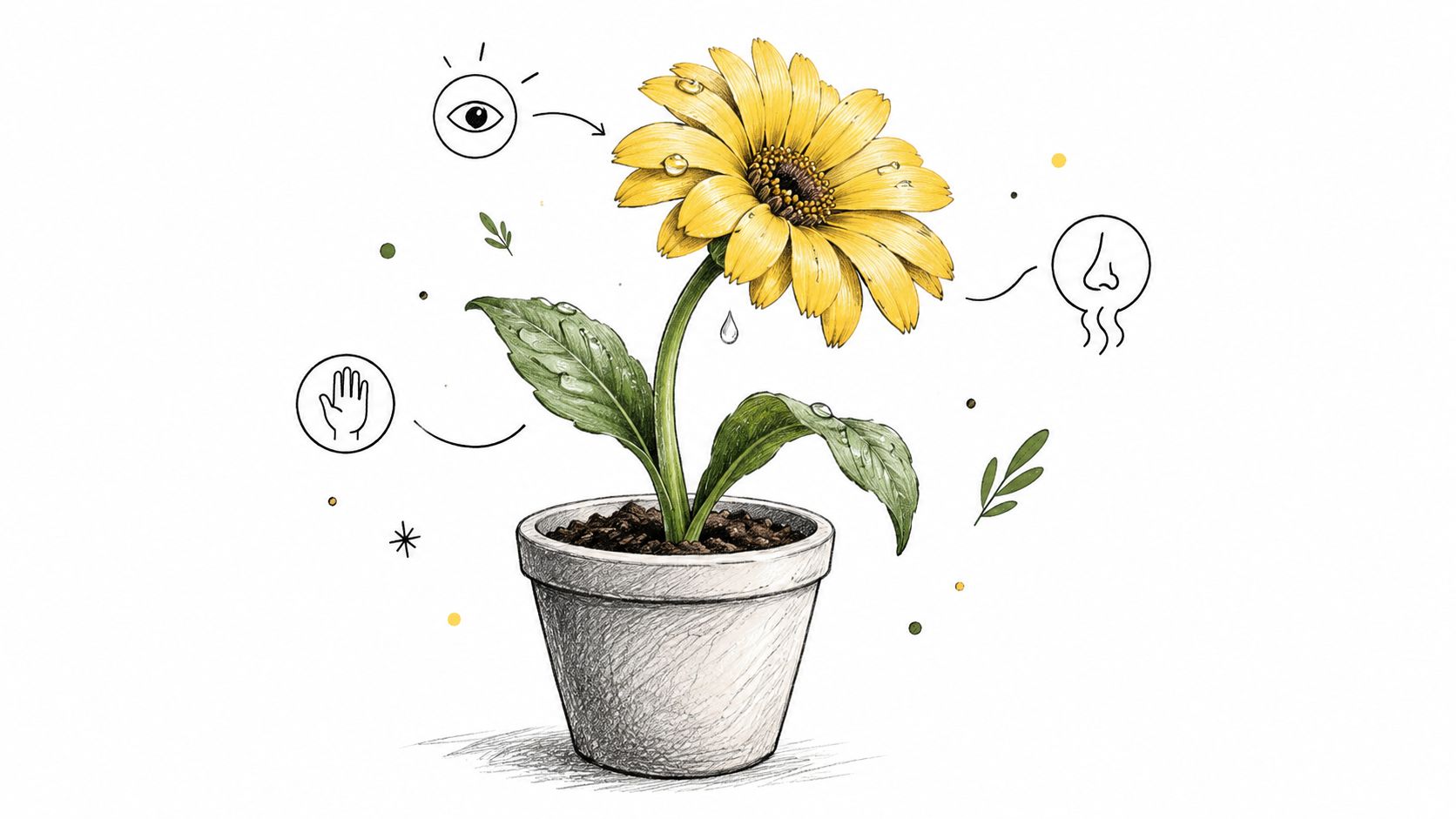 A hand-drawn illustration of a yellow potted flower surrounded by icons representing sight, touch, and smell senses.