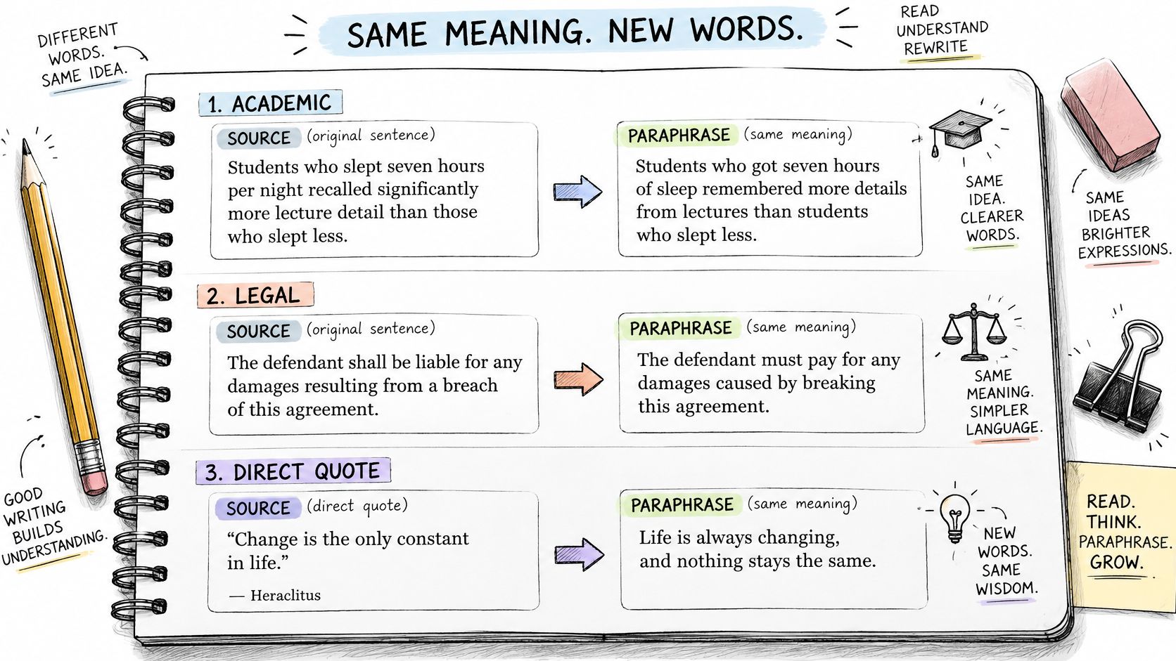 An educational infographic illustrating three examples of how to paraphrase academic, legal, and quote-based sentences.