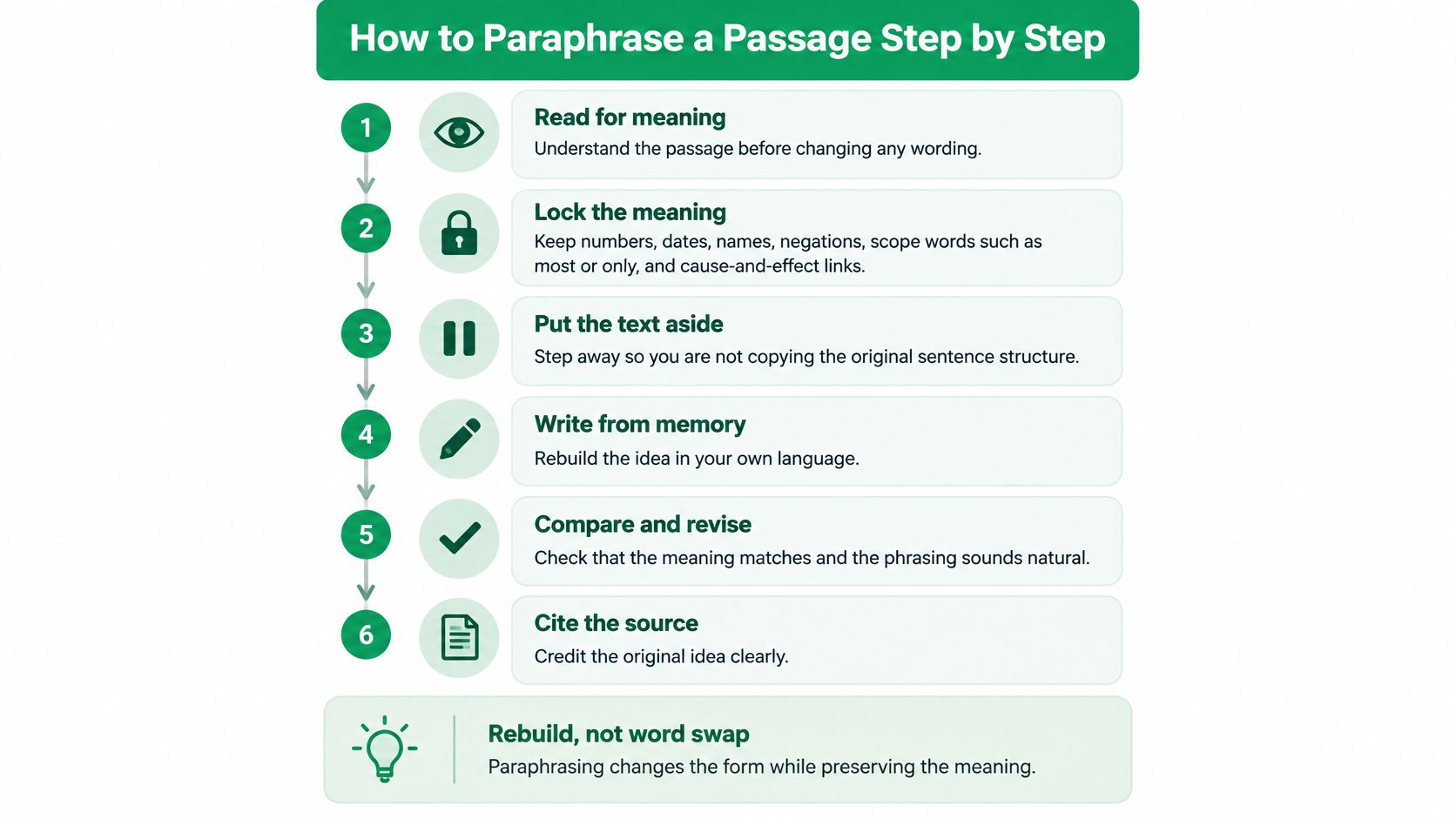 A six-step infographic on how to effectively paraphrase a passage by rebuilding rather than word swapping.