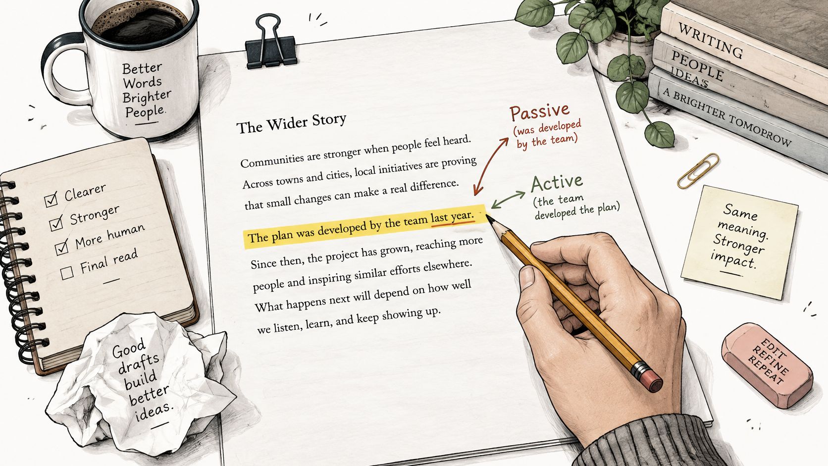 A hand editing a text on paper, illustrating the difference between passive and active sentence structures.