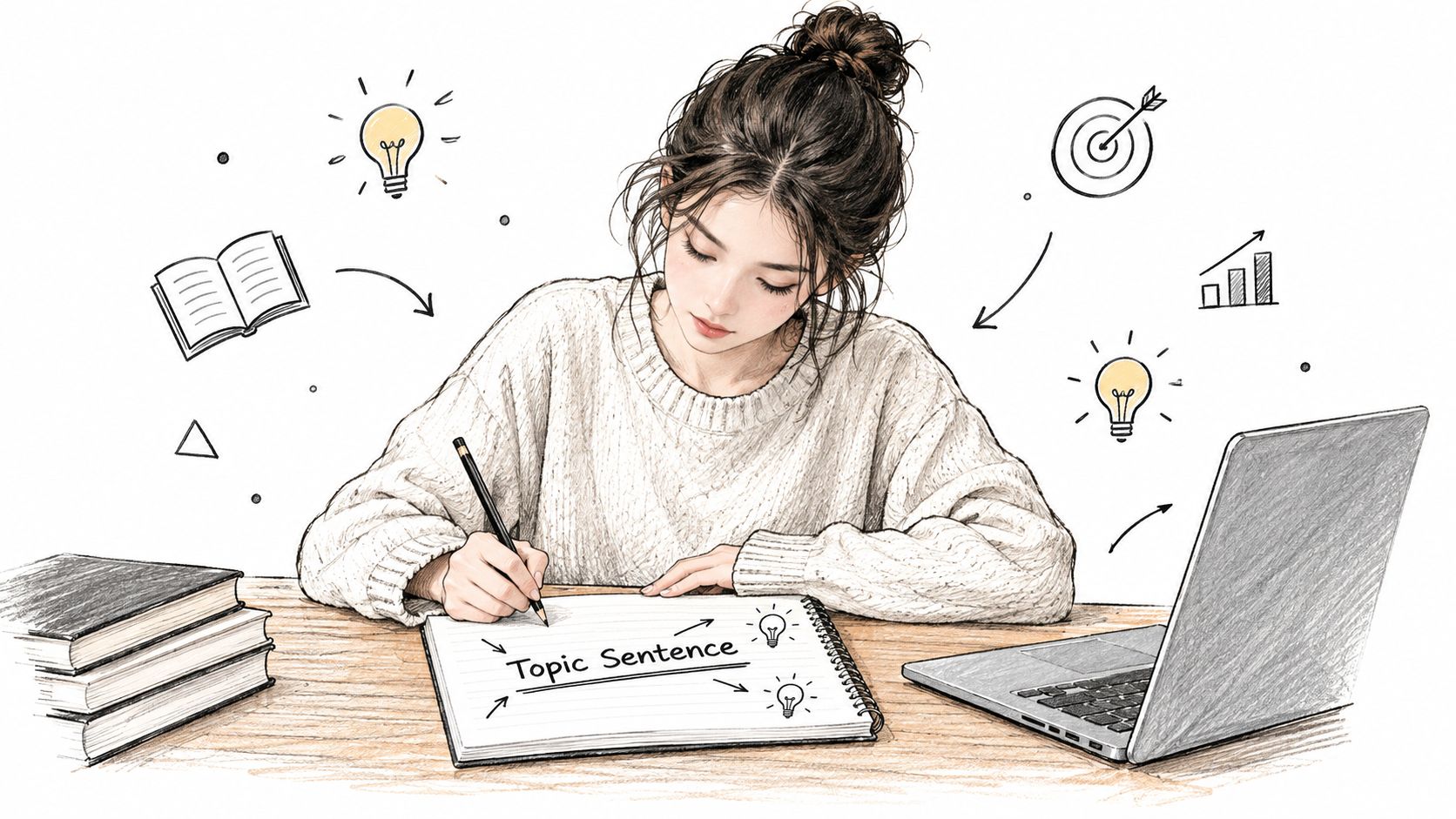 A young woman writing a topic sentence in a notebook with study resources around her.