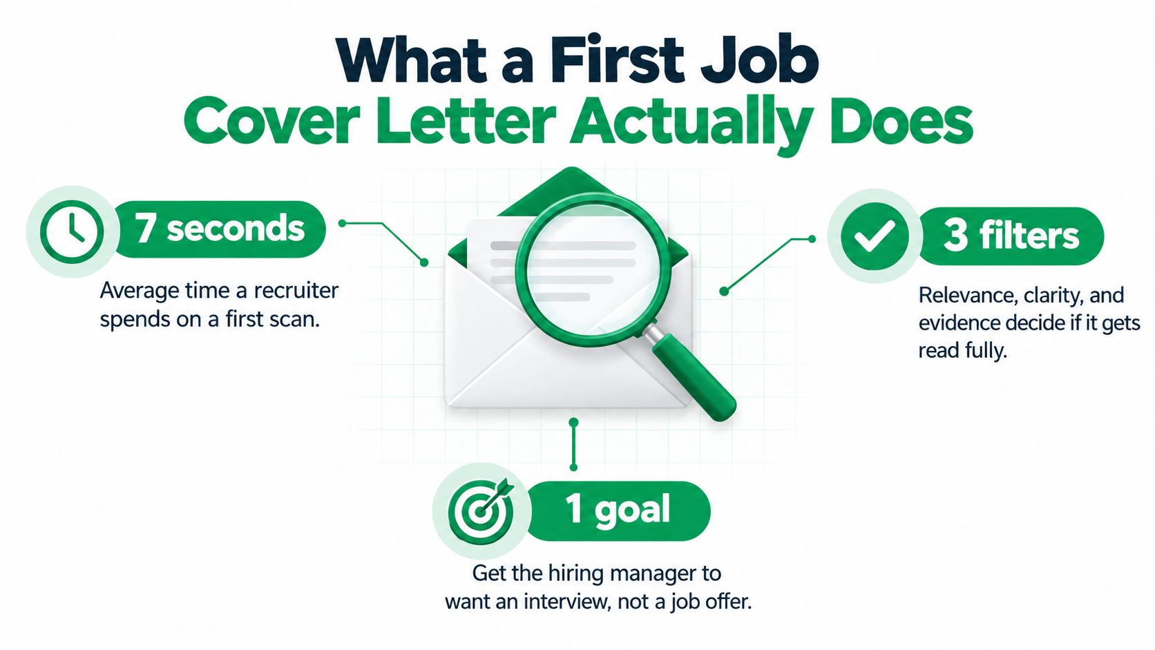 An infographic showing that a cover letter for a first job takes seven seconds to scan.