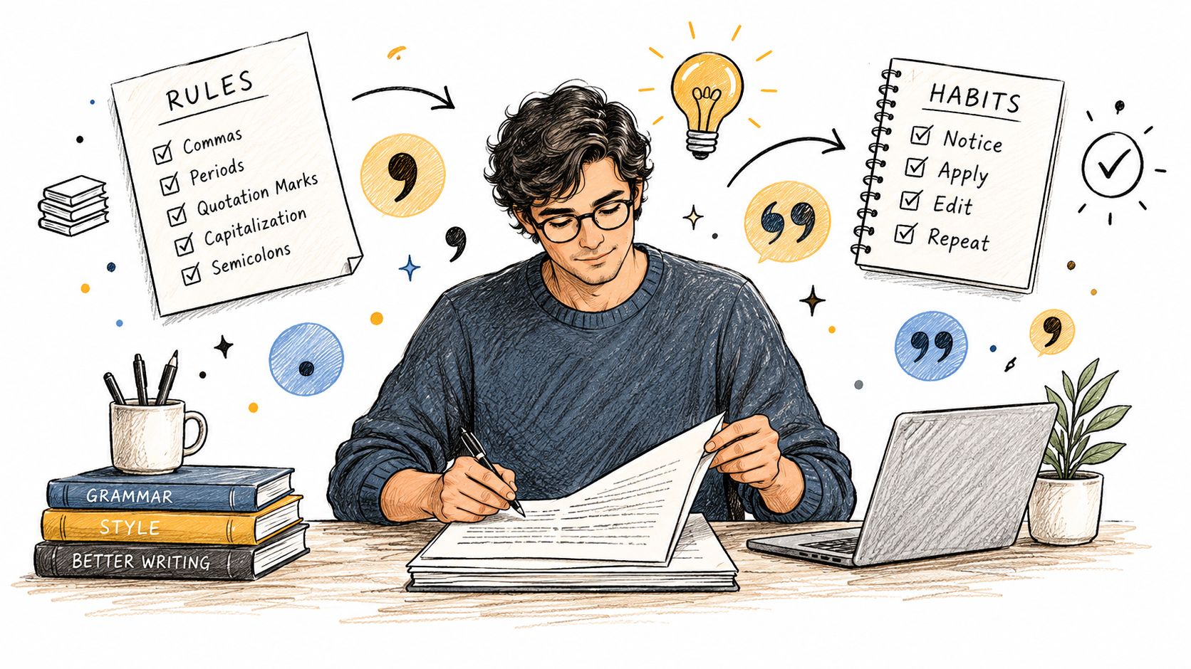 An illustration of a student at a desk learning punctuation rules and writing habits for better writing.