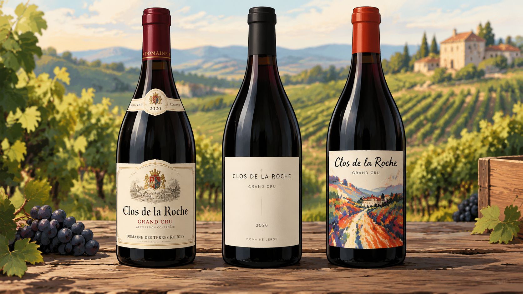 Three bottles of Clos de la Roche Grand Cru wine displayed on a wooden surface with vineyards behind.