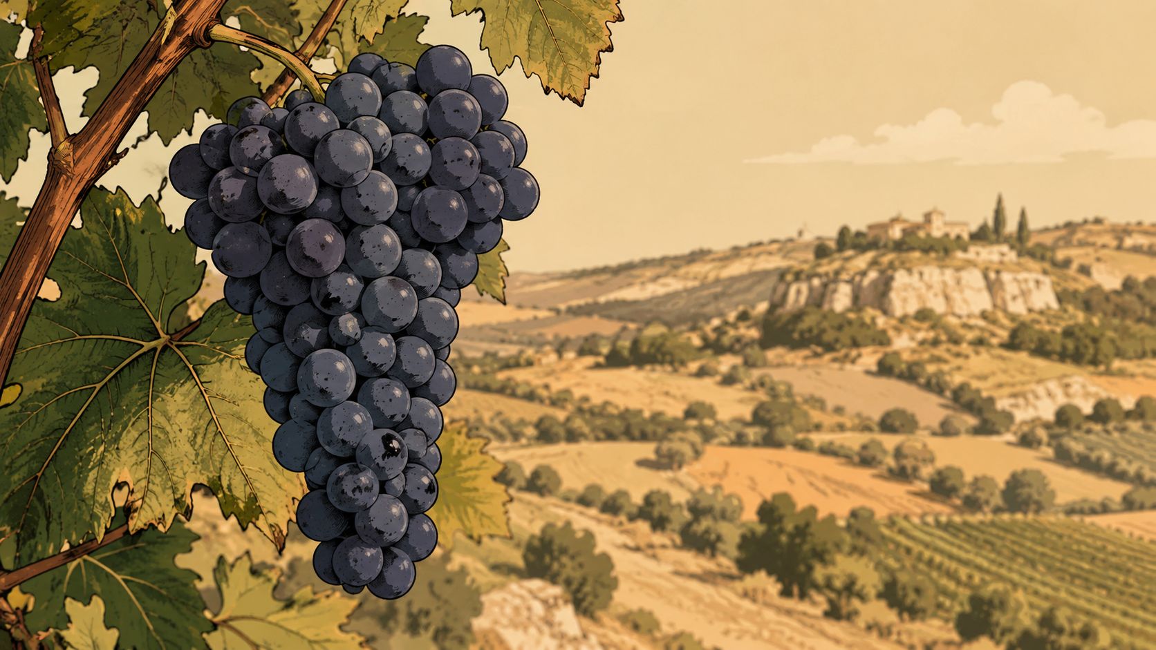 A close-up illustration of dark purple grapes on a vine with an Italian vineyard landscape behind.