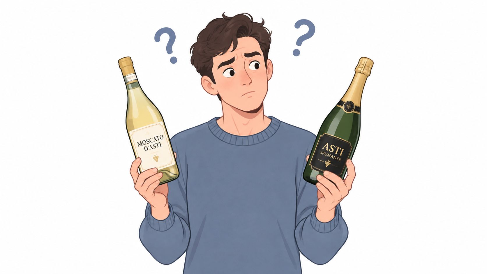 A confused young man holding a bottle of Moscato d'Asti and a bottle of Asti Spumante.