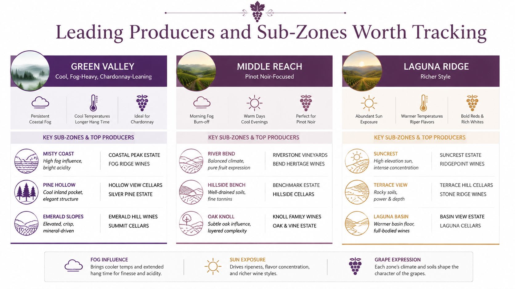 An infographic detailing the leading wine sub-zones, top producers, and climate factors of the Russian River Valley region.