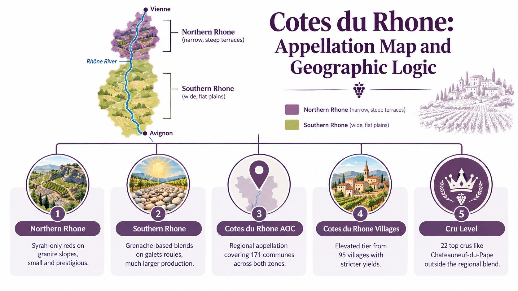An infographic map and descriptive categories explaining the geographic and classification differences between Northern and Southern Rhone wines.