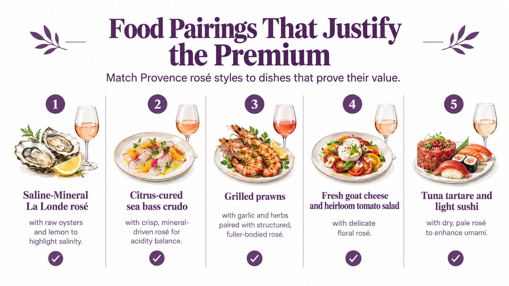 A graphic illustration showing five suggested food and wine pairings for premium Provence rosés.