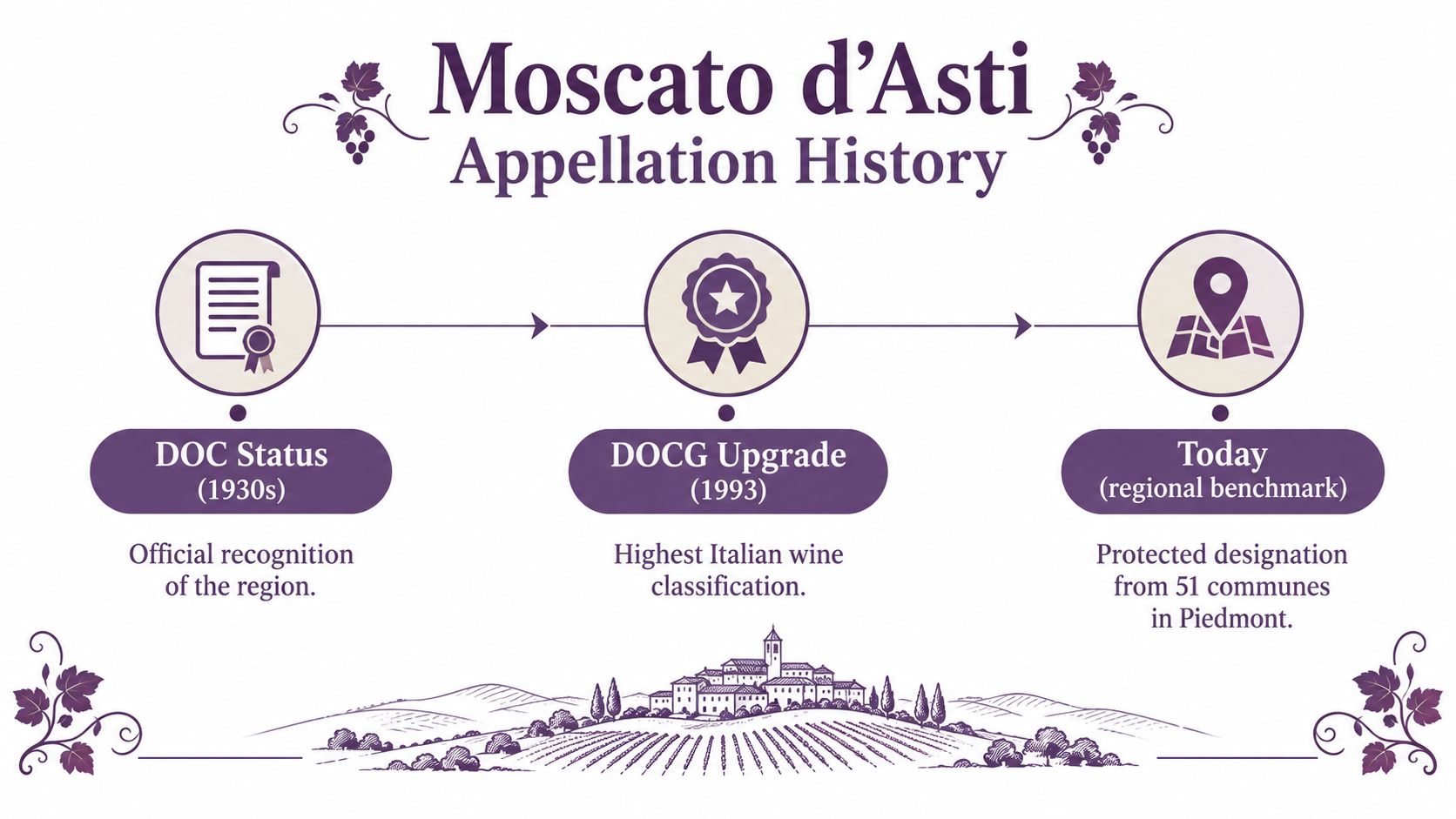A timeline graphic showing the history of Moscato d'Asti wine, from DOC status to its DOCG upgrade.
