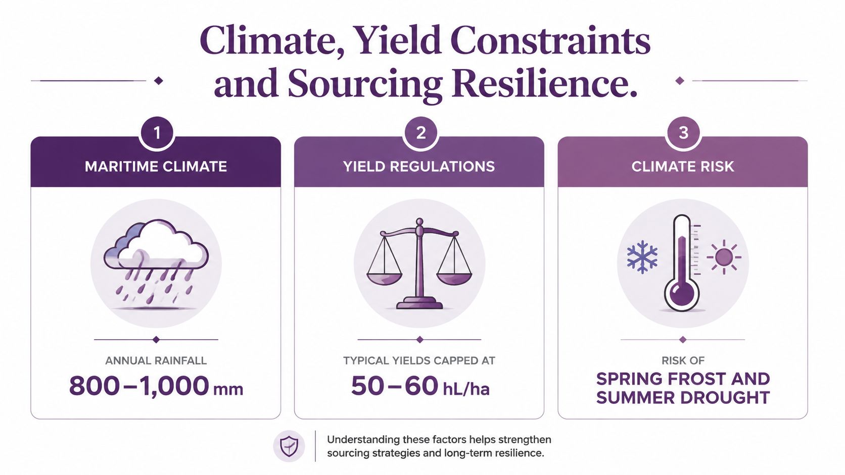 An infographic titled Climate, Yield Constraints and Sourcing Resilience, explaining rainfall, yield regulations, and climate risks.