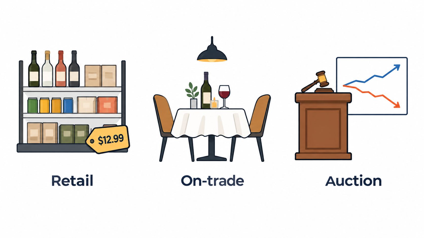 A graphic illustration showing three sales channels: retail store shelves, an on-trade restaurant table, and an auction.