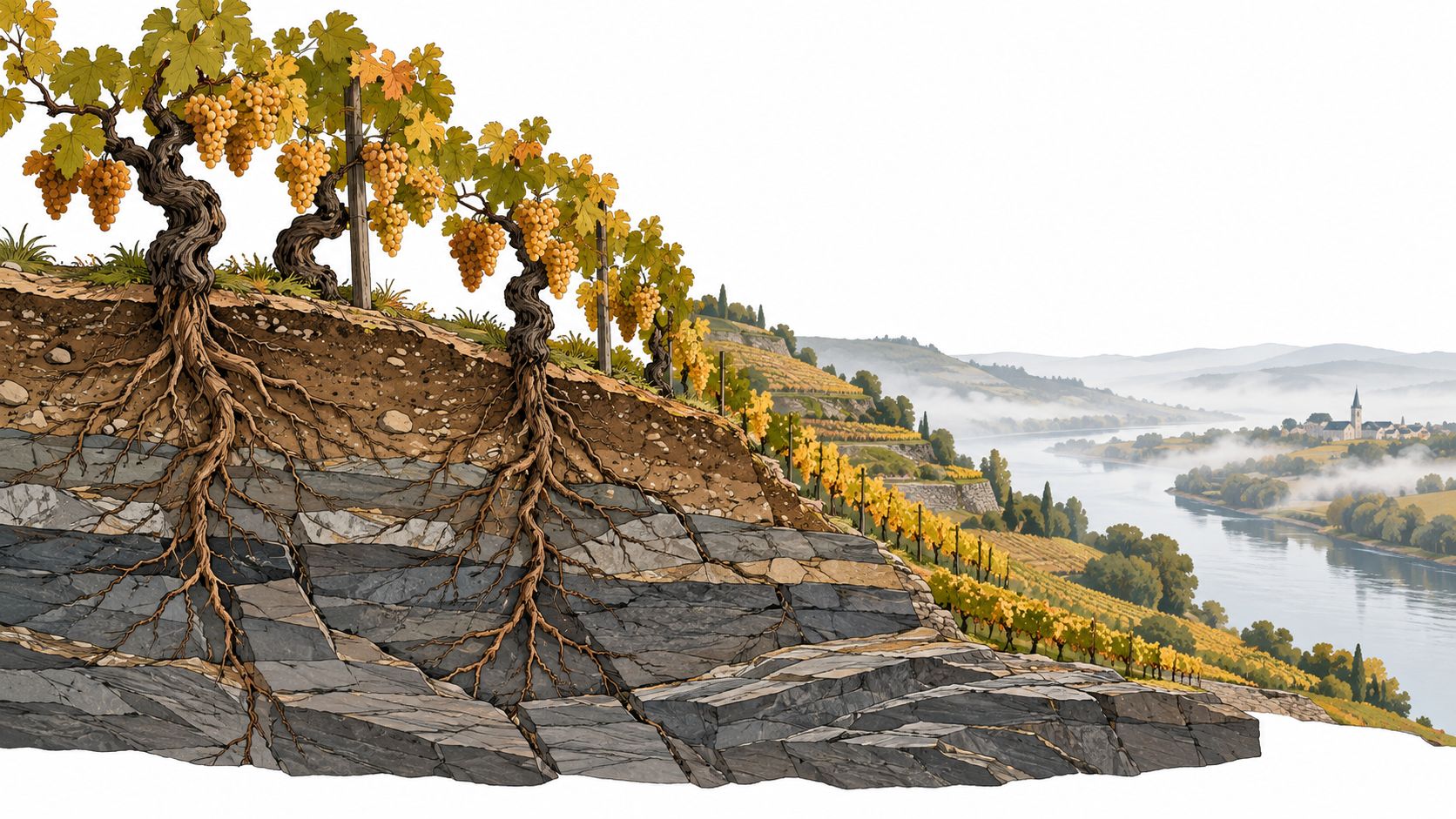 A detailed cross-section illustration showing grapevine roots growing deep into rocky soil near a misty river valley.