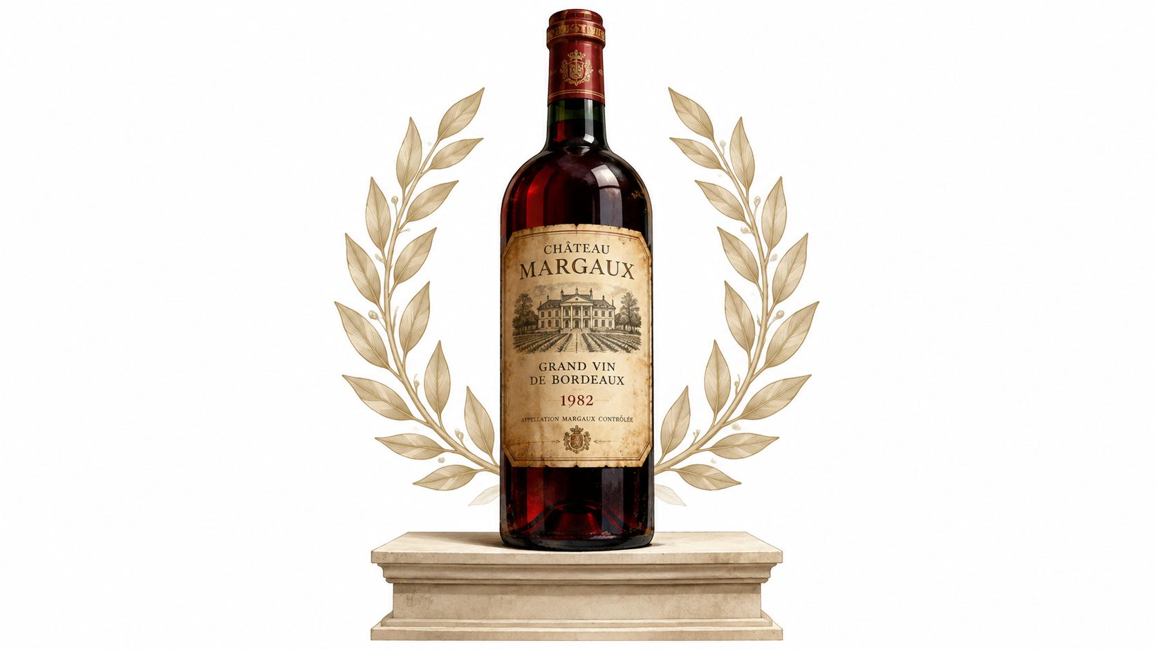 A prestigious bottle of 1982 Château Margaux wine resting on a stone pedestal with golden laurel wreaths.