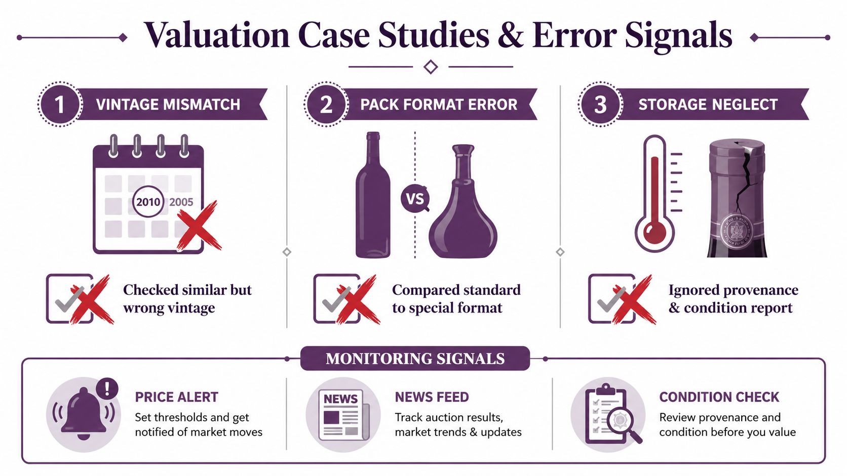 An infographic illustrating common wine valuation errors like vintage mismatch, pack format errors, and storage neglect issues.