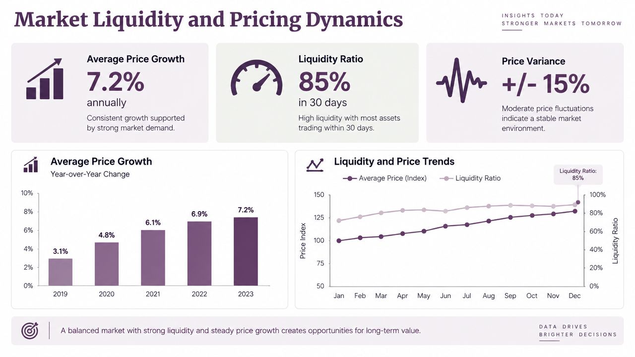 An infographic showing market liquidity and pricing dynamics with bar charts and trends over several years.