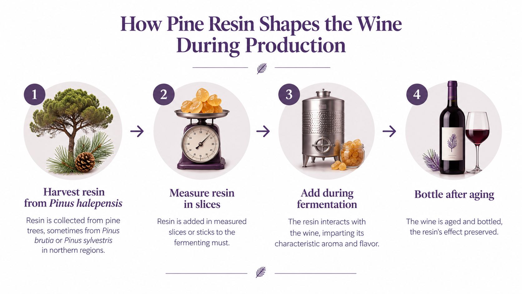 A four-step infographic illustrating how pine resin is harvested and added to wine during production.
