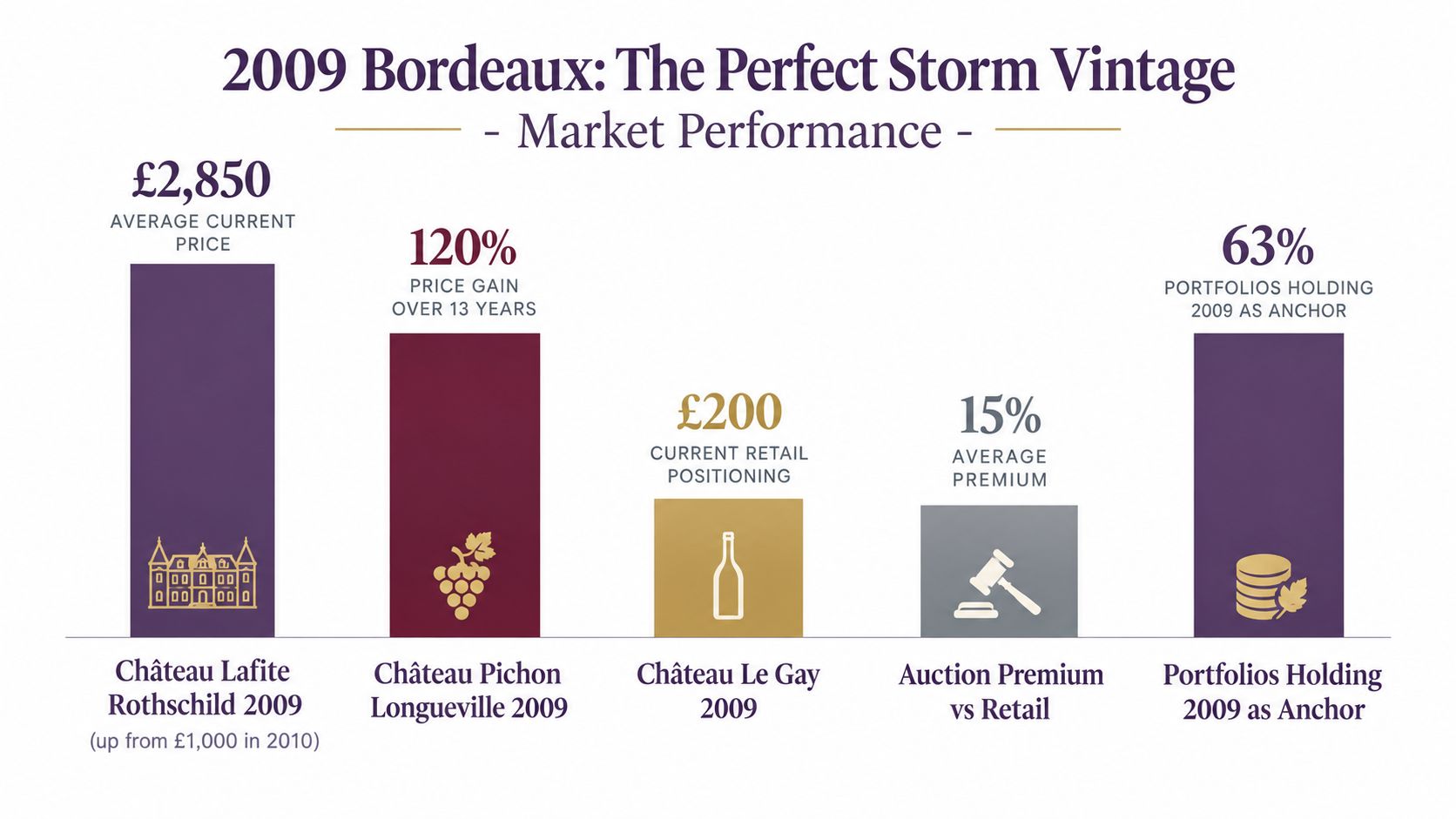 A chart showing market performance metrics for 2009 Bordeaux wines including price gains and auction premiums.