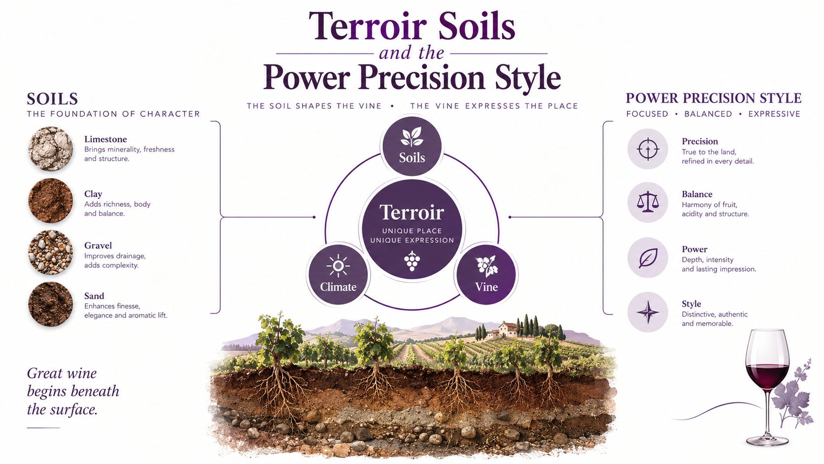 An infographic showing how terroir, soil, climate, and vine interaction influence the power, precision, and style of wine.