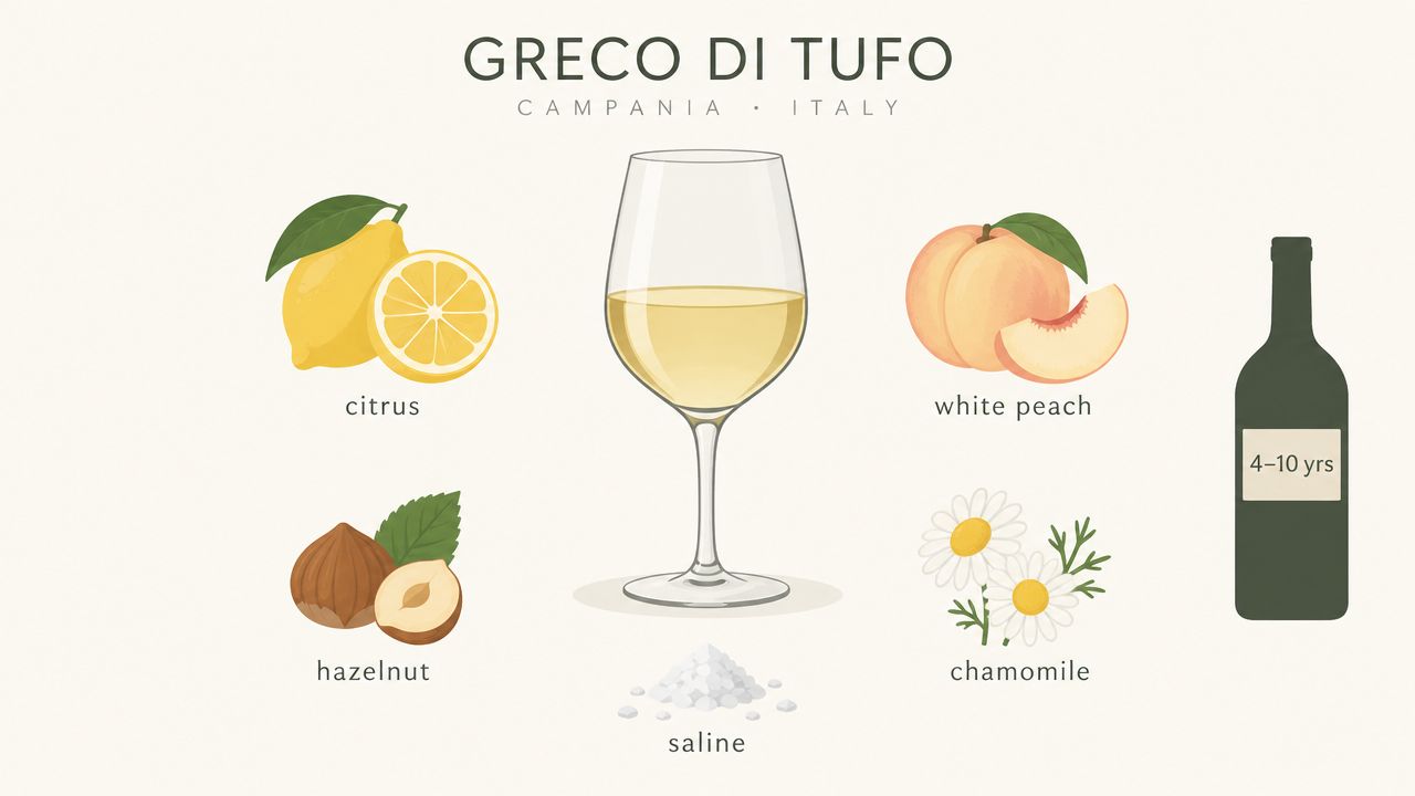 An infographic showing the flavor profile of Greco di Tufo wine, featuring citrus, white peach, hazelnut, and chamomile.