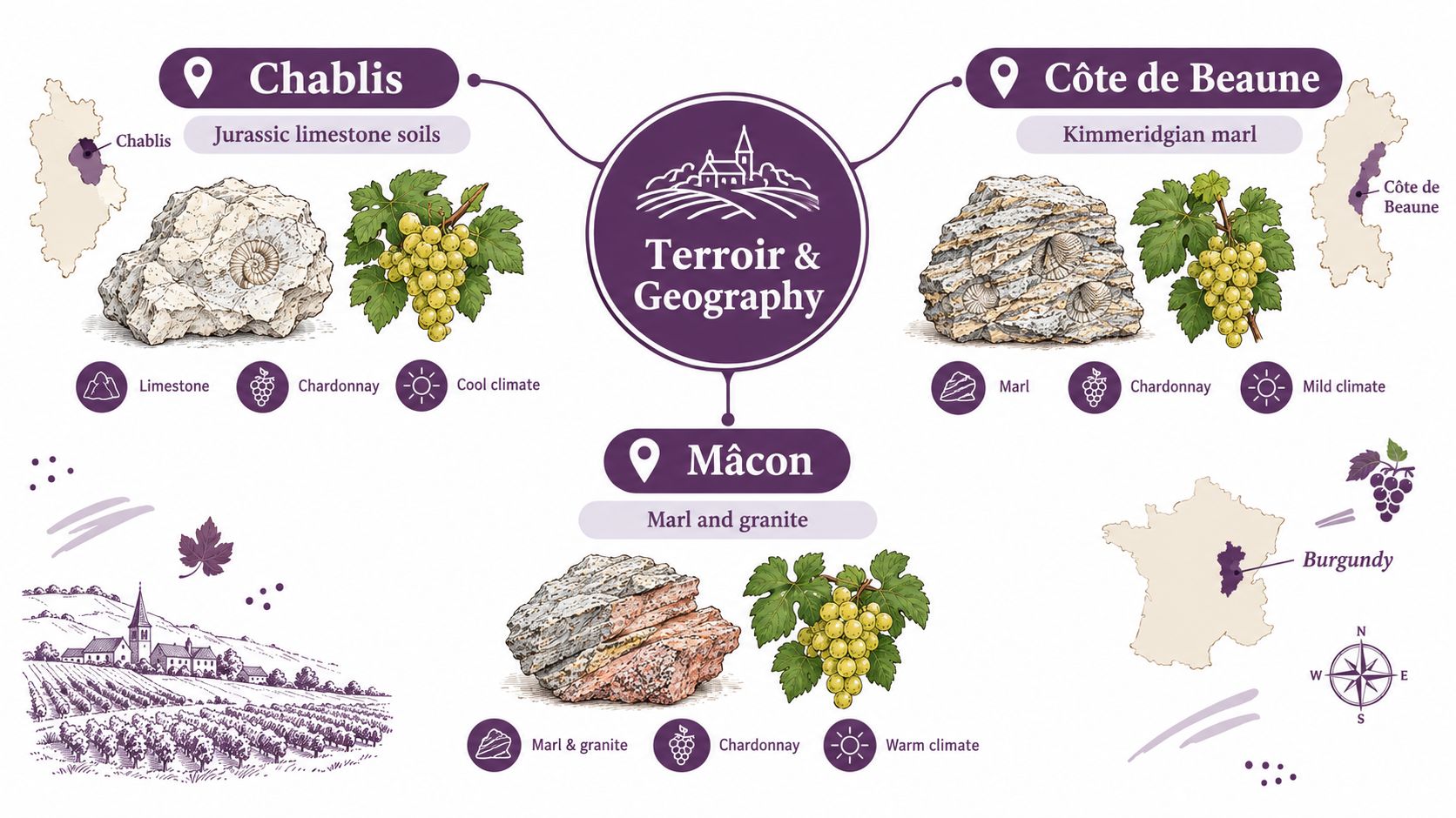 An infographic illustrating the terroir, soil types, and climates for white Burgundy wine in Chablis, Côte de Beaune, and Mâcon.