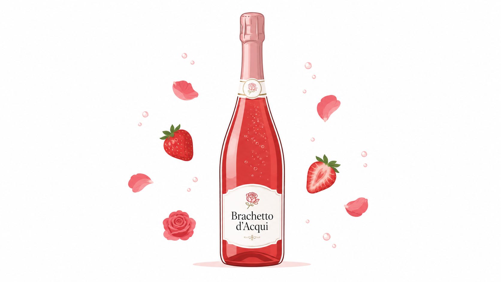 A bottle of Brachetto d'Acqui sweet sparkling red wine surrounded by strawberries, rose petals, and bubbles.