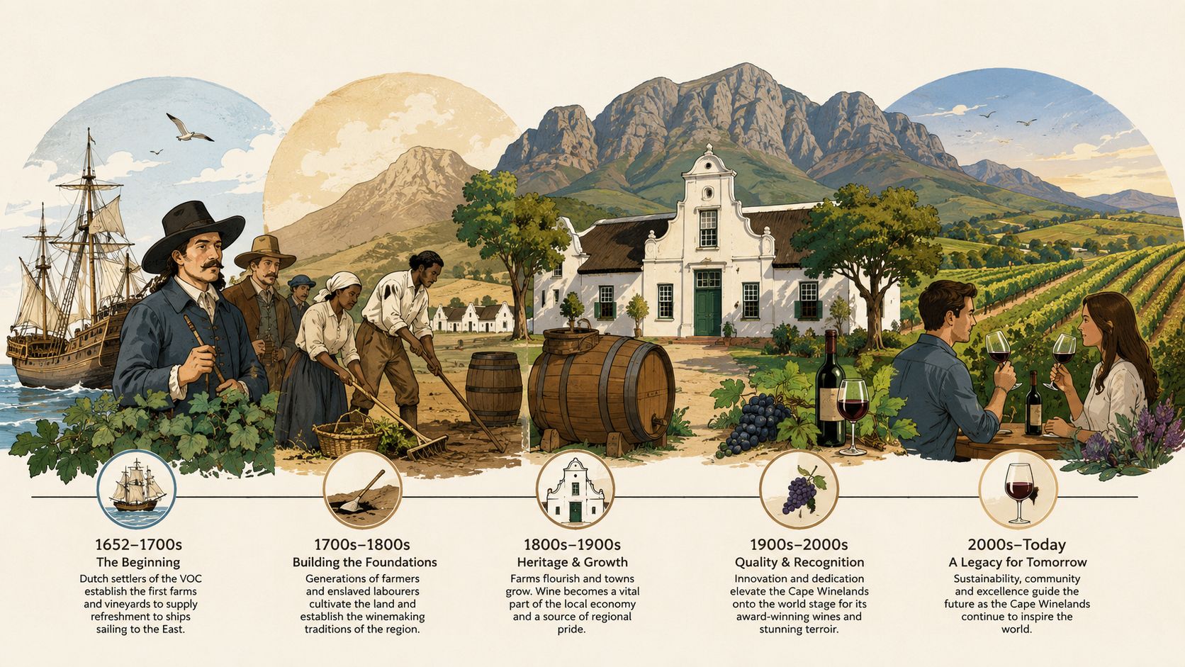 A detailed illustration depicting the historical evolution and growth of the South African wine industry over centuries.