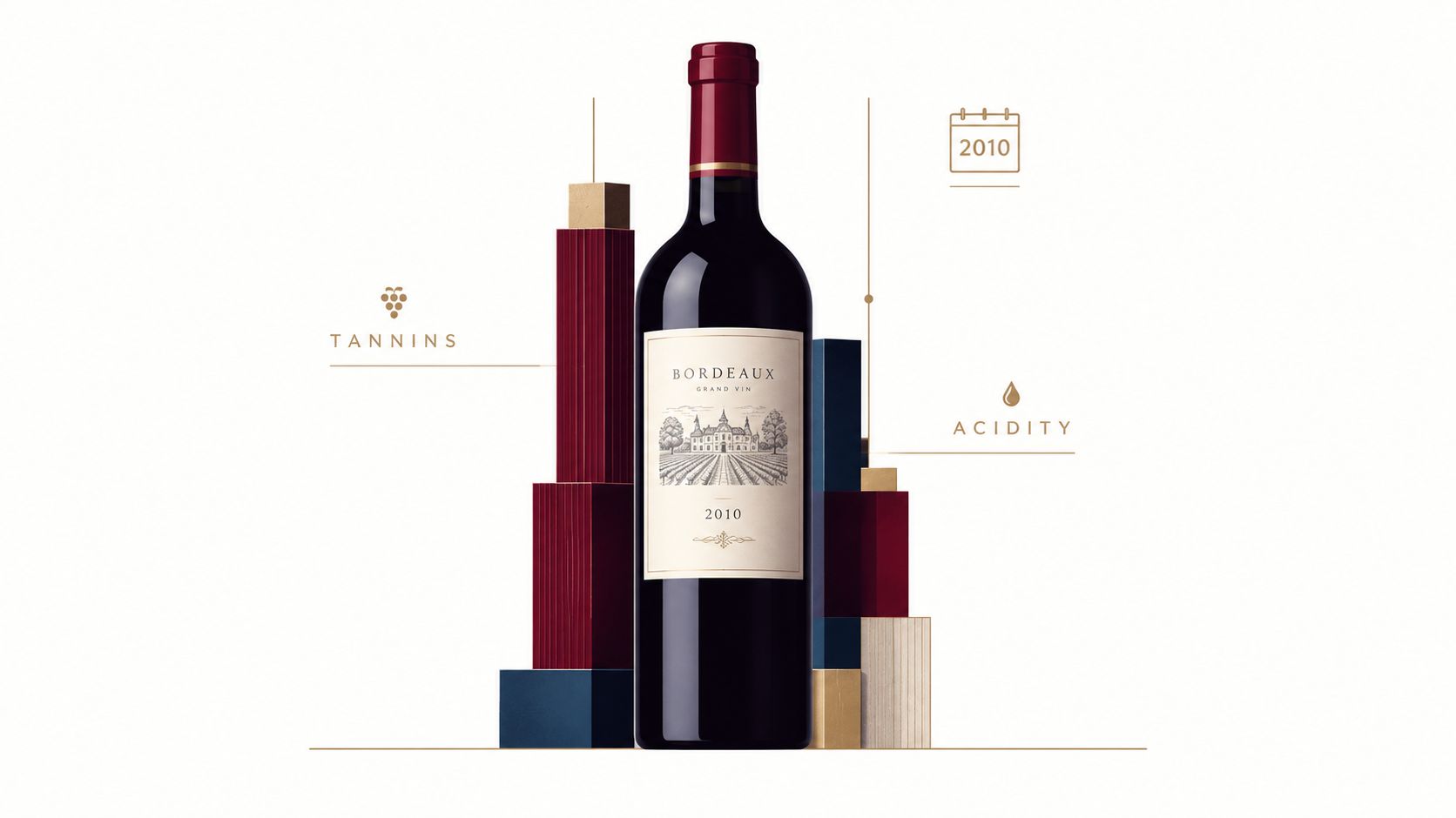 A bottle of 2010 Bordeaux wine surrounded by abstract geometric blocks representing wine tasting characteristics.