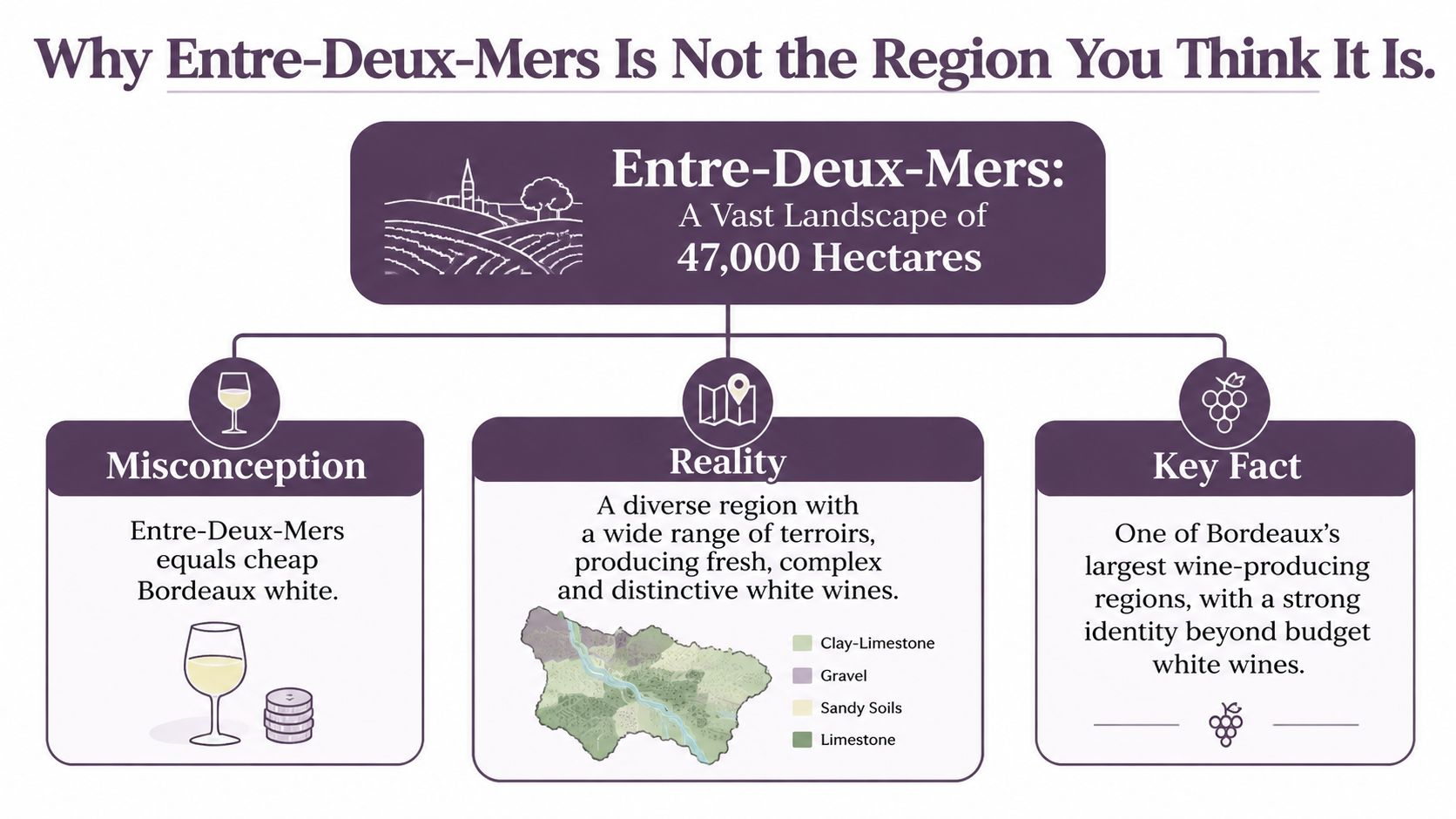 An infographic titled Why Entre-Deux-Mers Is Not the Region You Think It Is, explaining wine misconceptions.