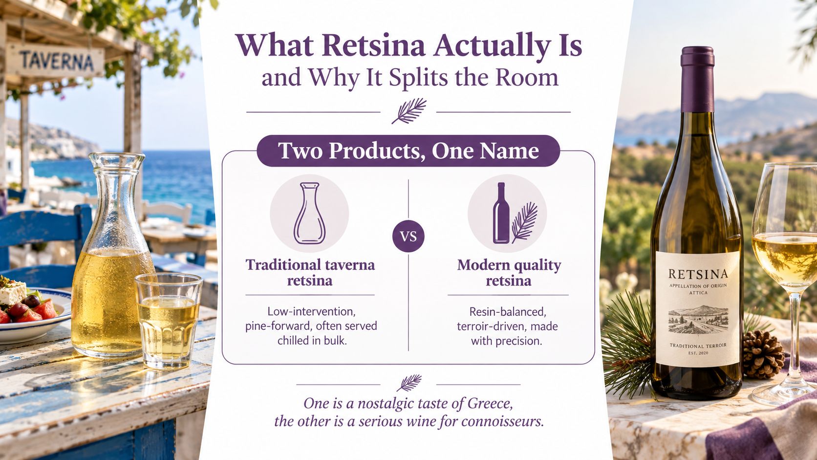An infographic comparing traditional tavern retsina to modern quality retsina with wine imagery and descriptive text.