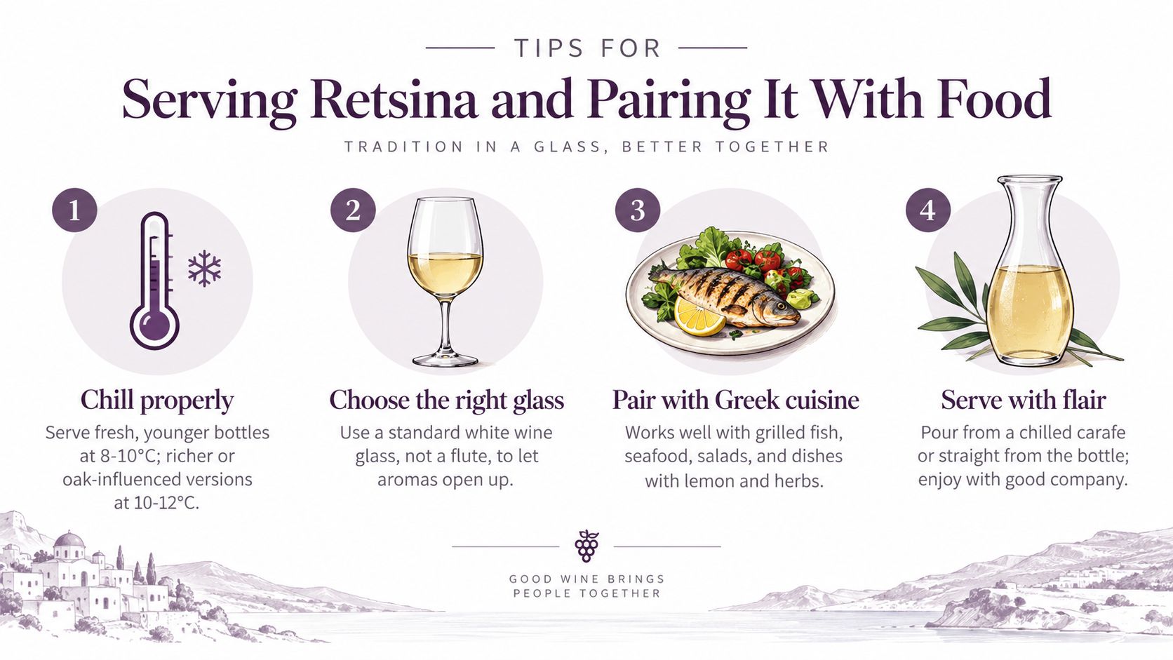 An infographic titled Tips for Serving Retsina and Pairing It With Food featuring four essential steps.